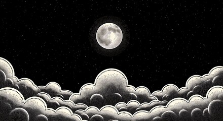 A serene black and white illustration of a full moon shining through fluffy clouds at night.