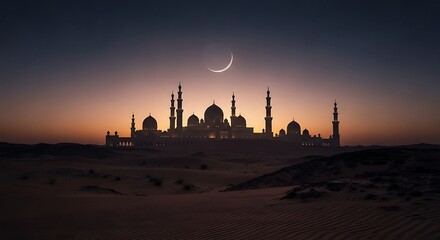Serene mosque silhouette against desert landscape at dusk with crescent moon.