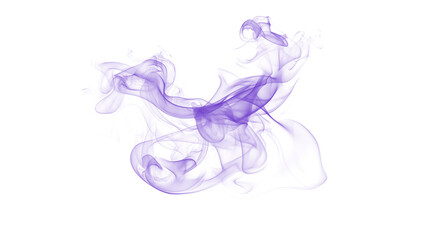 An artistic explosion of swirling purple smoke creates a textured, abstract, and vibrant visual on a pure white background.