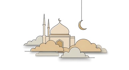 Serene Mosque Illustration with Crescent Moon.