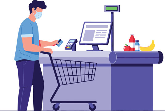 Illustration of a man wearing a face mask paying with a credit card at a supermarket checkout