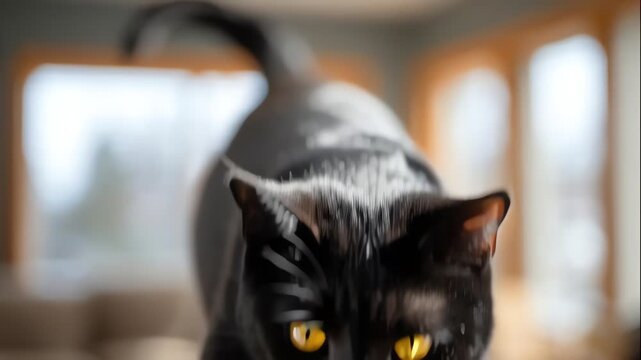 A close-up, eye-level shot of a sleek black cat with striking yellow eyes, looking intently forward in a softly lit indoor setting.