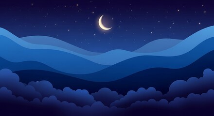 Night sky with crescent moon and stars over mountains and clouds.