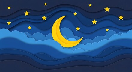 Paper cutout style illustration of a crescent moon and stars in the night sky.