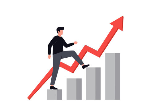 Businessman climbing up a growing graph with an upward trend arrow