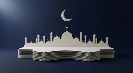 White Paper Cutout Mosque with Crescent Moon on Dark Blue Background.