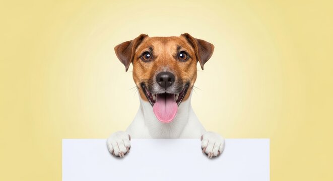 A brown and white dog with a pink tongue is peeking over a white banner.