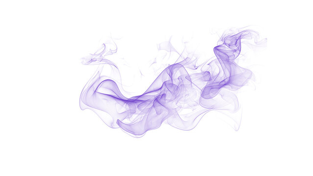 Whimsical purple smoke explosion, abstract swirling patterns with translucent details on a clean white background