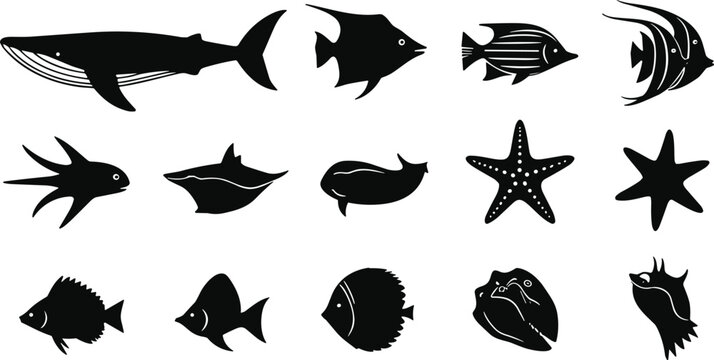 Marine silhouette vector illustration, ocean wildlife drawings, black and white line art, sea creature design elements, aquatic emblem collection