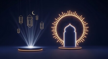 Ramadan Kareem greeting with lanterns and mosque illustration.