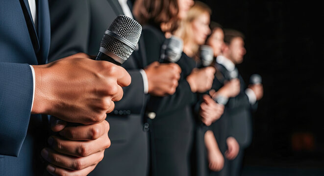 A group of people holding microphones in a row.