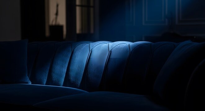Luxurious dark blue sofa with elegant tufted backrest under dramatic moody lighting, creating a sophisticated and inviting atmosphere
