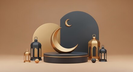 Ramadan Kareem Islamic themed podium with crescent moon and lanterns.