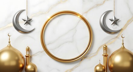 Islamic Ramadan Kareem greeting card template with golden mosque domes and crescent moons.