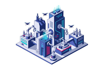 Naklejka premium Industrial facility with robotic machinery and automated systems, viewed from an isometric perspective, showcasing technological advancements in manufacturing processes.