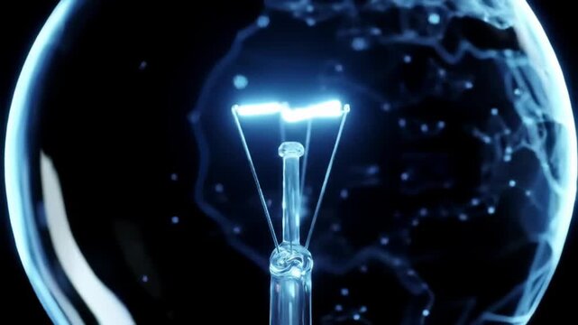 Close-up of a glowing light bulb filament illuminates the dark background, representing innovation and creativity.