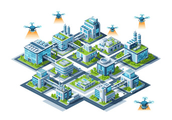 Aerial view of a futuristic cityscape with buildings, drones, and green spaces in an isometric illustration