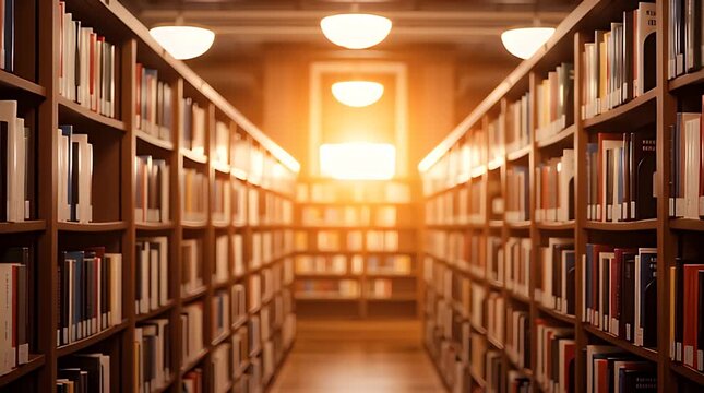 A long library aisle stretches toward a bright warm sunlit window creating a dramatic perspective filled with towering wooden bookshelves packed tightly with many volumes of knowledge.