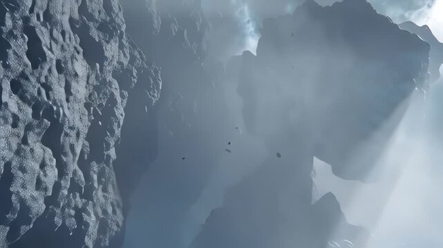 Countless rocky fragments and asteroids float through a hazy atmospheric landscape.