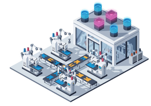 Industrial facility isometric view showcasing automated machines and data storage systems in a futuristic setting