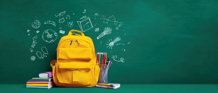 Yellow school backpack with books and pencils on green school blackboard background with space for text, ideal for educational themes, creative projects, and school-related designs. The vibrant colors