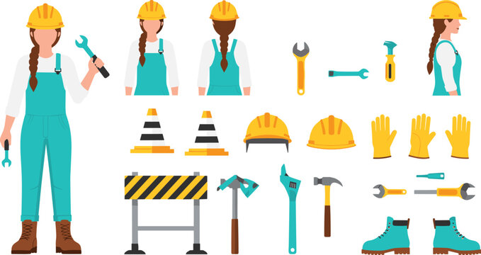 Female construction worker character sheet featuring front back and side views with safety equipment tools hard hat and uniform for industrial projects