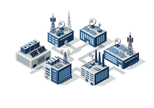 Isometric illustration of industrial buildings with satellite dishes and antennas in a futuristic cityscape viewed from above