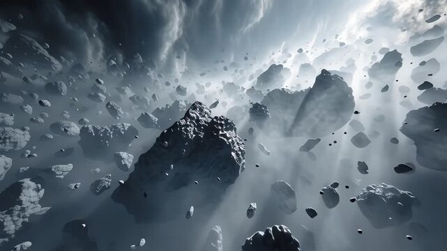 A dense field of asteroids and debris floats through a cloudy, atmospheric expanse.