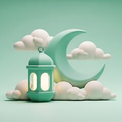 Serene Ramadan Lantern and Crescent Moon on Cloudy Background.