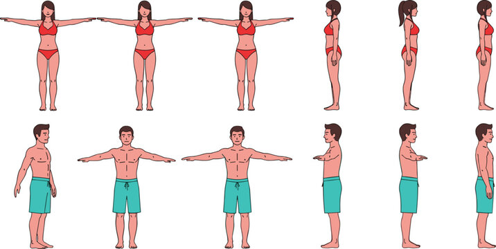 Male and female character reference sheet with front side and back views wearing swimwear for animation design and anatomy body proportions