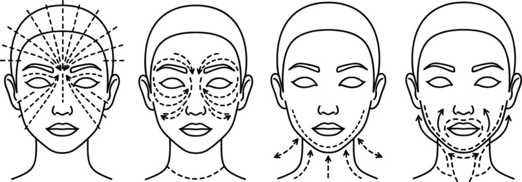 Vector line art set of facial massage directions and skincare application techniques for beauty routine
