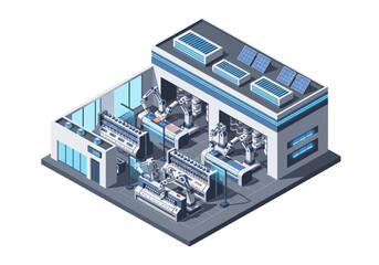 Isometric view of a futuristic factory with robotic machinery and solar panels on the roof
