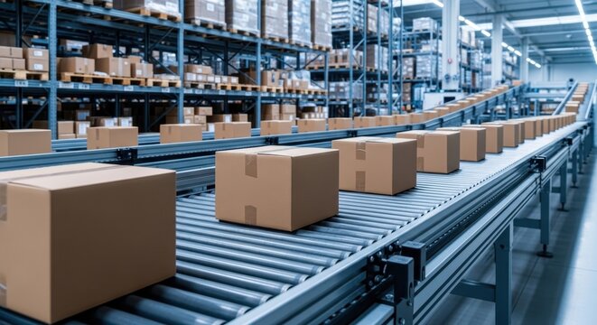 Cardboard Boxes Moving on a Conveyor Belt in a Modern Warehouse Storage Facility