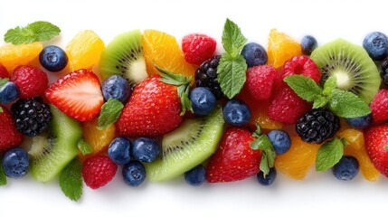 Obraz premium A vibrant fruit salad with kiwi, strawberries, raspberries, blueberries, and oranges on a white background.