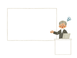 困った表情でスクリーンやホワイトボードを使って説明をする男性-ガッシュ