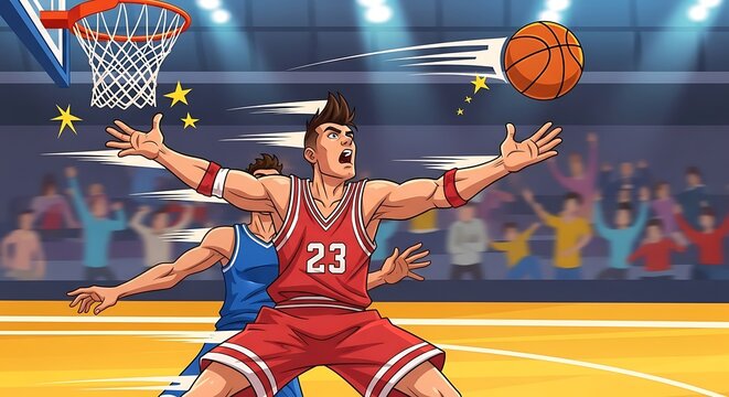Basketball Player Scoring Slam Dunk in Arena.