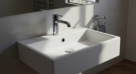 Modern white bathroom sink with sleek silver faucet and rectangular basin on wall mounted cabinet with natural light shining