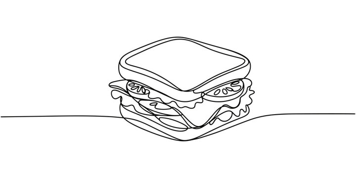 One continuous line drawing of fresh delicious sandwich restaurant, Fast food cafe shop concept. Modern single line draw design, vector graphic illustration.
