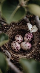 Fototapeta premium Speckled eggs in bird nest with white butterfly on branch, natural spring wildlife close-up, serene nature scene
