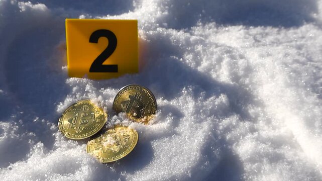 Close perspective of cryptocurrency coins next to numbered crime scene marker on winter snowy ground, digital crypto finance investigation. Bitcoin tokens in cold climate with sunlight and shadows