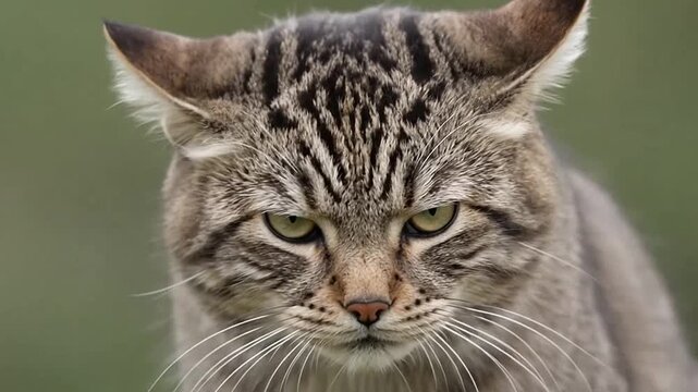 Intense Close-up Portrait of an Angry Tabby Cat Face with Frowning Expression and Flattened Ears