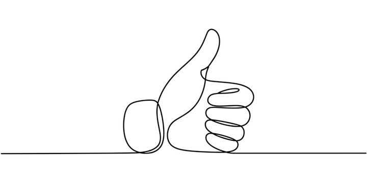 Continuous one line drawing of like hand showing thumb up. Vector illustration, One line drawing of hand showing great sign. Continuous line finger up. Hand-drawn vector illustration of linear like
