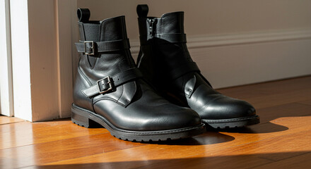 Black leather motorcycle boots with buckles on wooden floor by doorstep stylish and rugged footwear for biking and casual wear