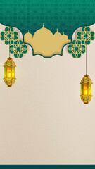 Elegant Islamic vertical background with mosque silhouette, hanging golden lanterns, and green geometric patterns on paper texture. Ideal for Ramadan and Eid greeting cards and social media © Leo Lintang