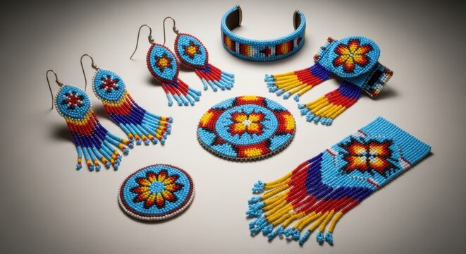 Collection of Native American beaded jewelry, including earrings, a cuff bracelet, and decorative pins, featuring geometric patterns and vibrant colors.