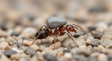 Fototapeta premium Extreme close-up of an ant carrying a large pebble on its back, symbolizing hard work, determination, and strength in nature.