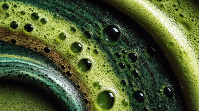 Extreme closeup of matcha latte with perfect microfoam and latte art, glossy green gradient and tiny bubbles, barista craft on cream background.