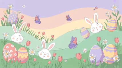 Keuken achterwand Purper Whimsical easter scene with bunnies eggs and flowers in a colorful spring landscape illustration  © Anam