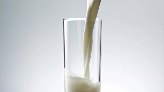 Fresh milk pouring into tall transparent glass, smooth white stream, clean infinity background, soft studio light. Concept for modern dairy branding