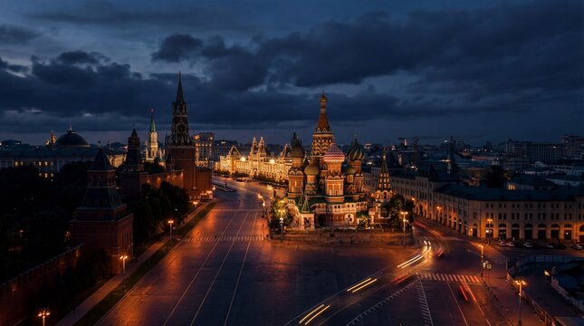 Moscow Kremlin and Red Square at Night Illuminated Cityscape.